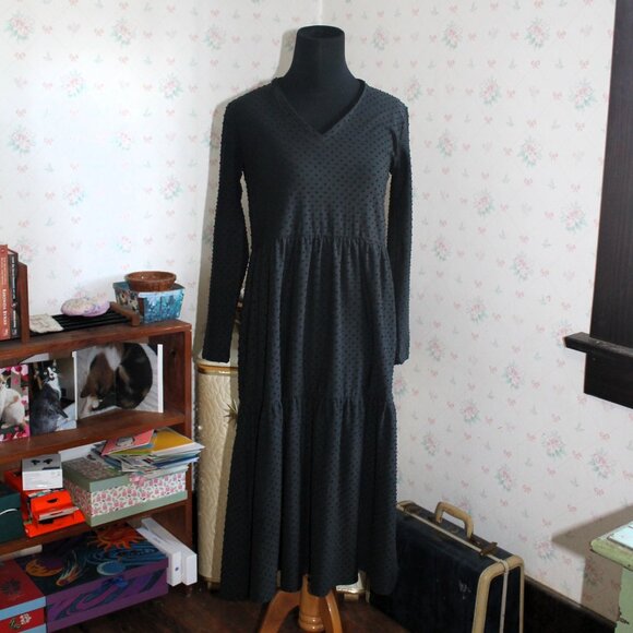 J. Crew Black Swiss Dot Tiered Midi Dress, XS - Picture 1 of 9